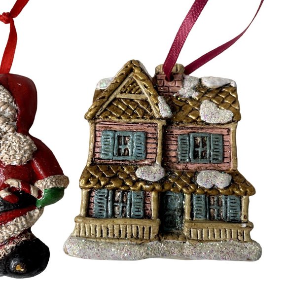 2 Pc Vintage Ornaments Handmade Ceramic Santa and House with Snow 3 x 2 Ea u - Picture 3 of 6